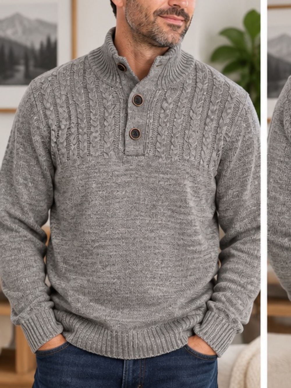 30” ptp Hecther Cable Knit Button Neck Sweater Gray 2XT NWT
